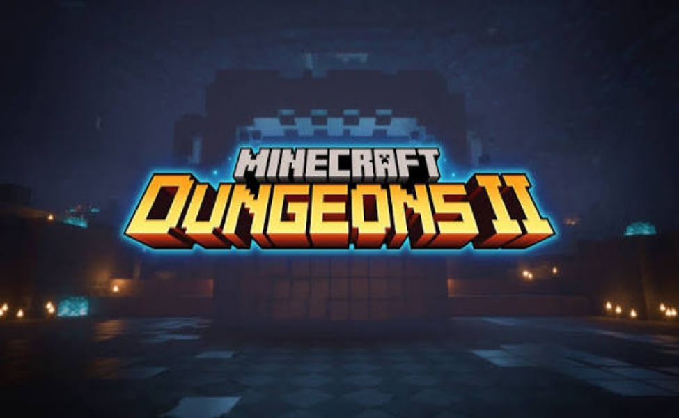 Minecraft Dungeons II logo with glowing blue and yellow text on dark dungeon background