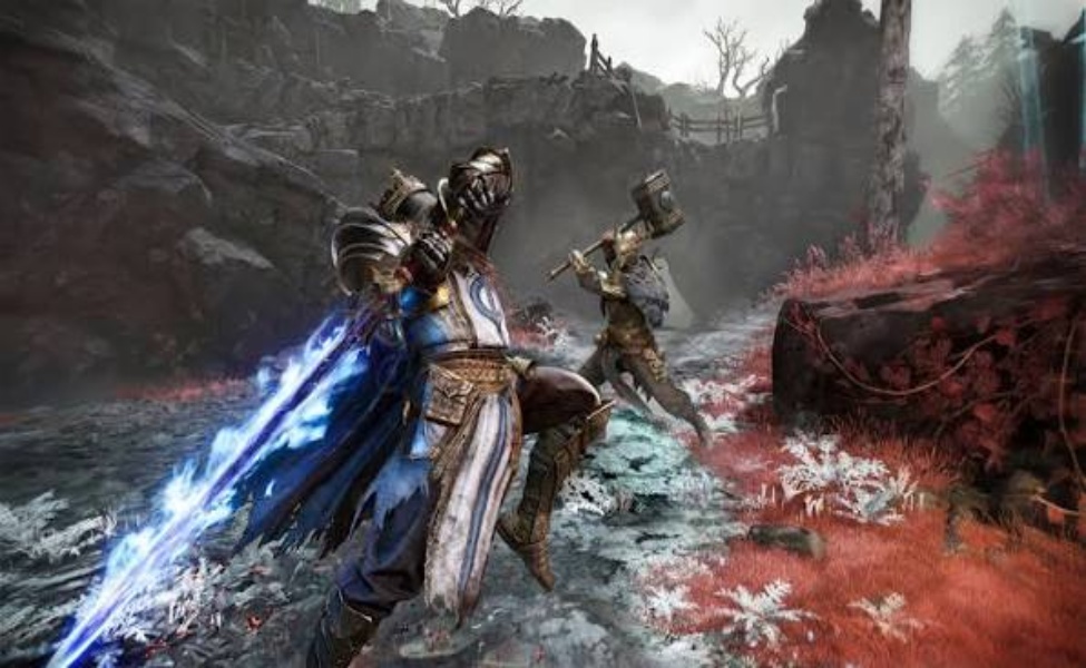 Armored warrior wielding glowing blue sword in misty medieval ruins during PvPvE combat