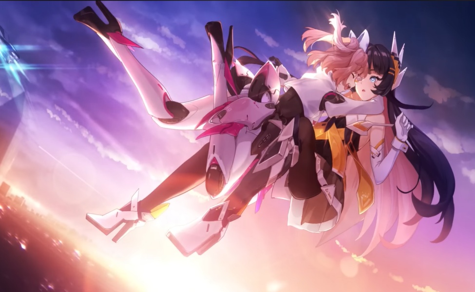 Animated character in pink mecha suit with glowing energy effects against purple sky backdrop