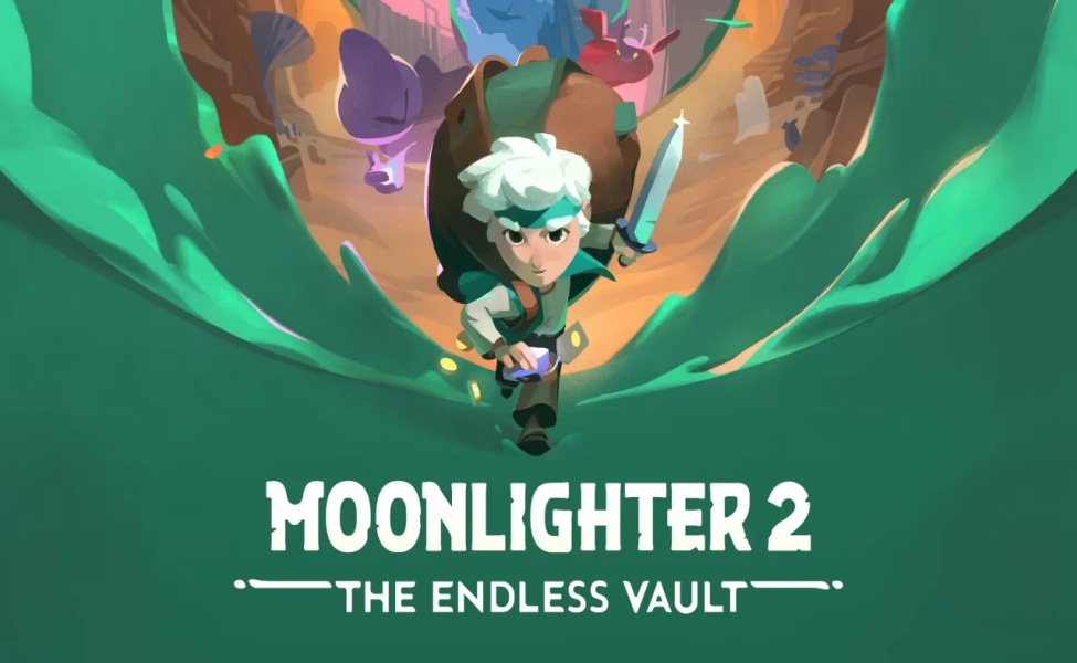 Moonlighter 2 The Endless Vault game title screen with character holding sword