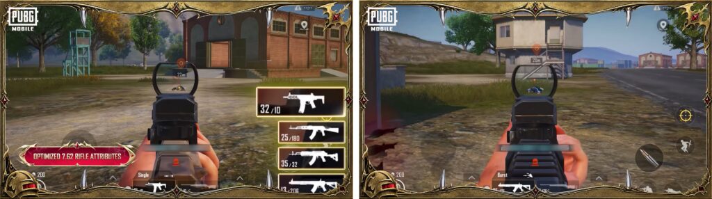 PUBG Mobile gameplay showing 7.62mm rifle loadout comparison in Classic Mode