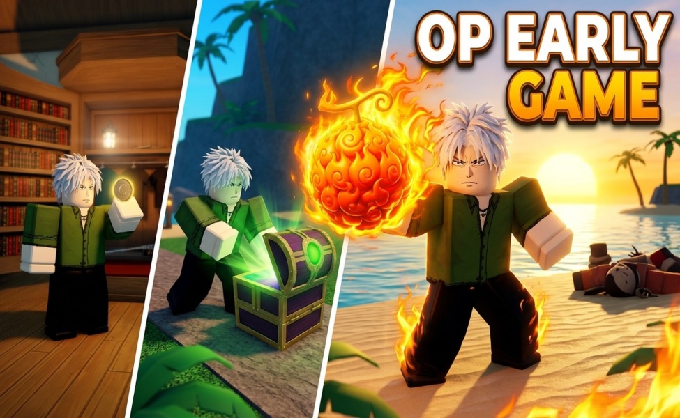 Character with white hair casting fire magic on beach in Grand Blue Roblox early game