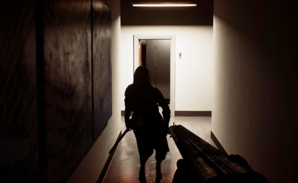Silhouetted figure walking down dimly lit hallway with luggage