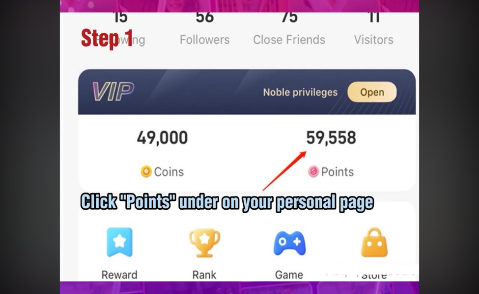 Poppo Live user profile showing 49,000 Coins and 59,558 Points currency balance