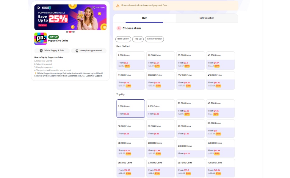Poppo Live Coins top up packages and pricing options on Joytify platform