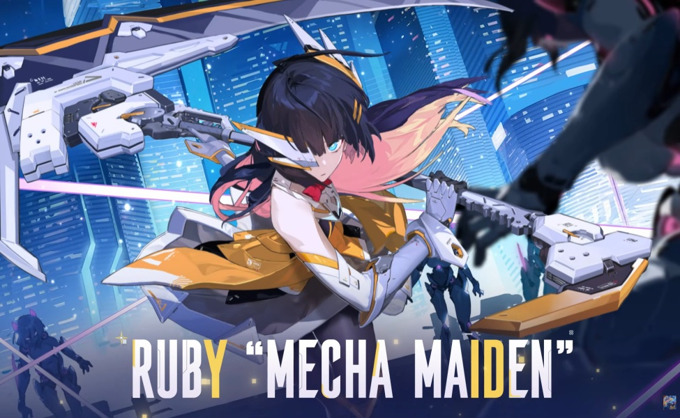 Ruby Mecha Maiden skin character in blue digital armor with weapon in Mobile Legends