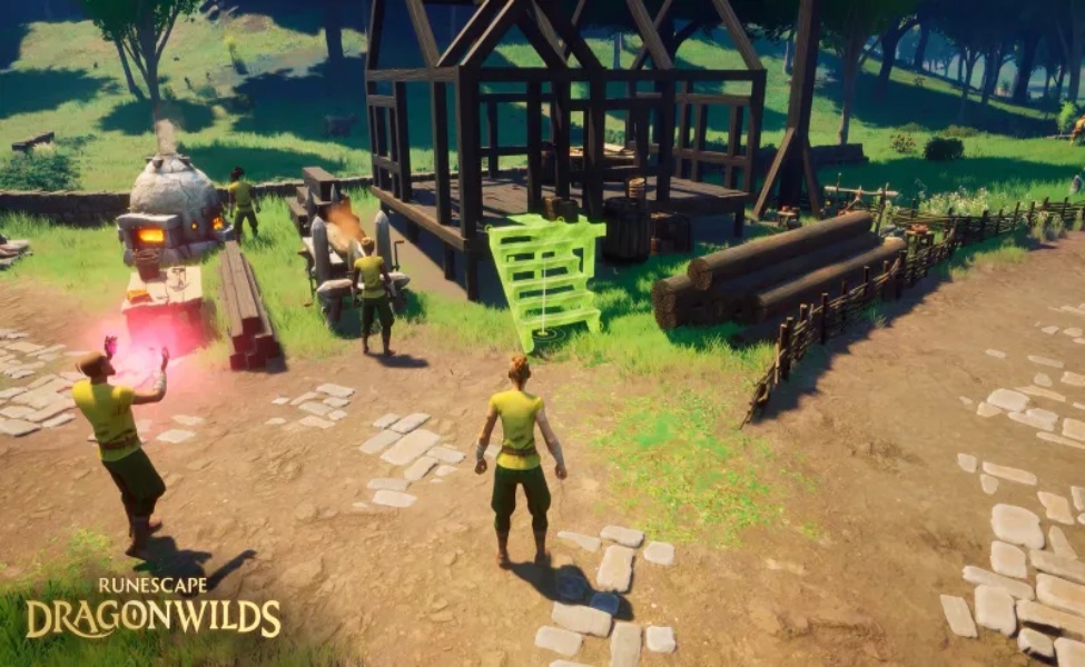 RuneScape Dragonwilds gameplay showing players in a woodworking area with furnaces and wooden