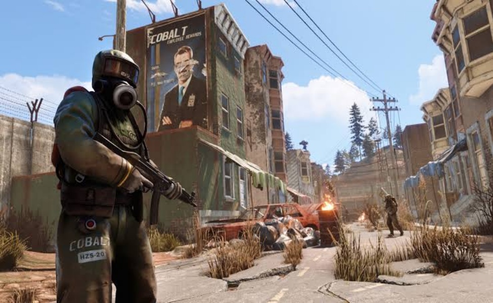 Armed player in gas mask standing in post-apocalyptic urban environment in survival shooter game