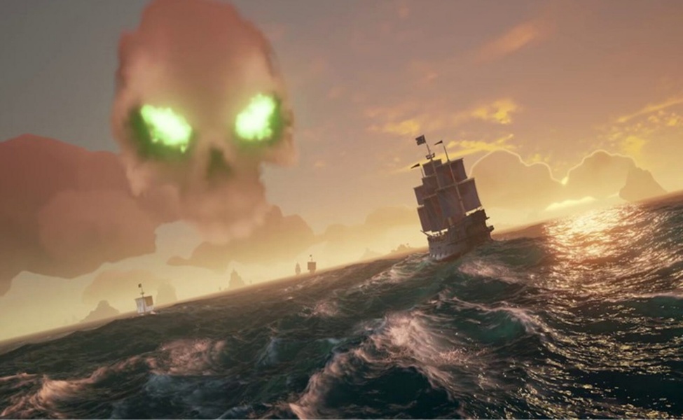 Ghostly skull with glowing green eyes looming over a pirate ship sailing stormy seas