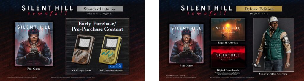 Silent Hill Townfall Standard and Deluxe Edition comparison showing game content and bonus items