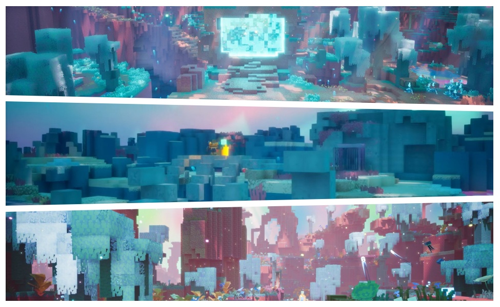 Minecraft pixelated biomes with turquoise ice caves and pink-red structures in blocky landscape
