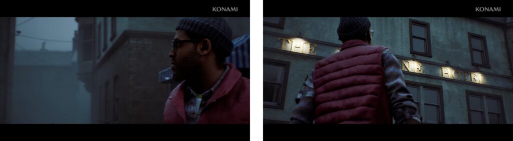 Character in maroon vest standing in Silent Hill Townfall street scene at dusk