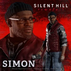 Simon Ordell character from Silent Hill Townfall wearing glasses and maroon jacket