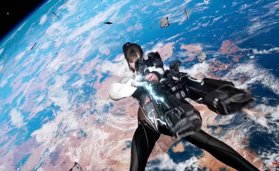 Character in black combat suit wielding weapon above Earth in space