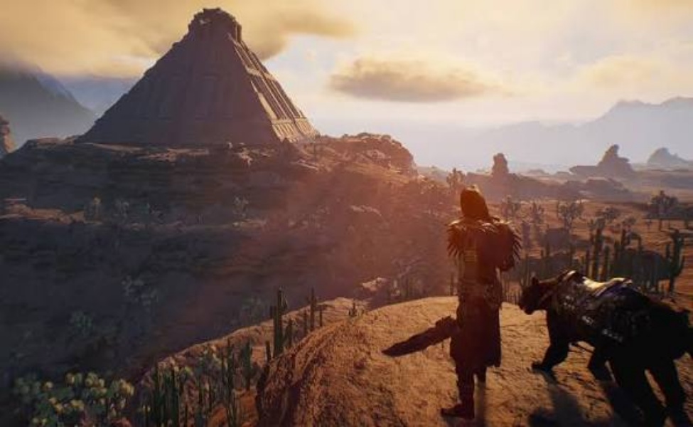 Player character with companion exploring desert landscape with pyramid structure in survival game