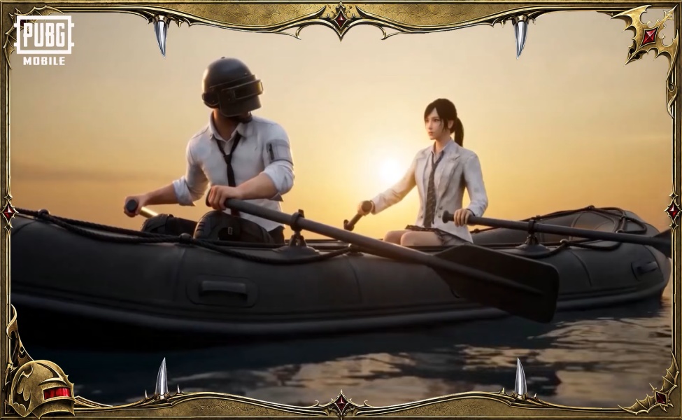 Two players rowing a boat at sunset in PUBG Mobile Classic Mode