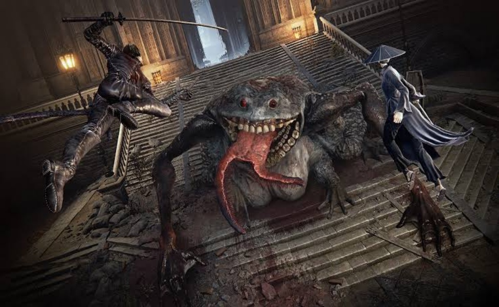 Players battle a grotesque monster on grand stone stairs in a dark fantasy PvPvE game environment
