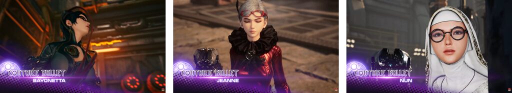 Three character skins from Stellar Blade featuring Bayonetta, Jeanne, and Nun outfits with purple