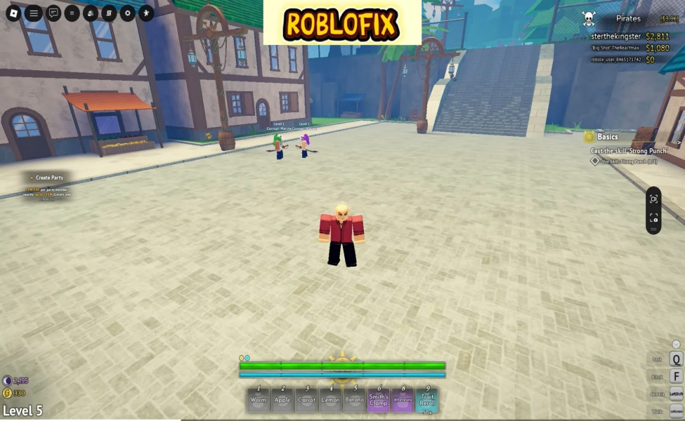 Roblox character in red outfit standing in town square near other players