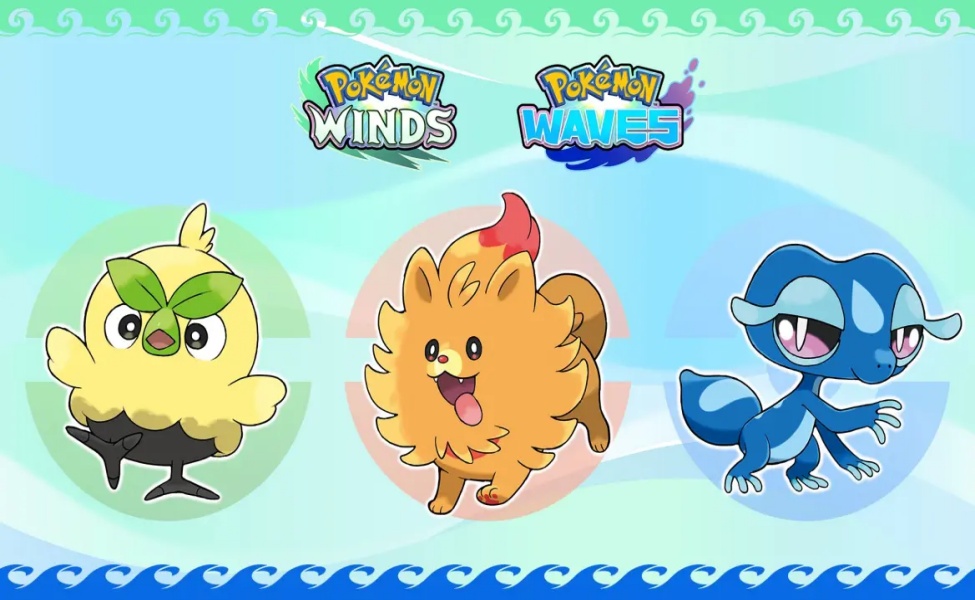 Three Pokémon starter characters from Pokémon Winds and Waves games