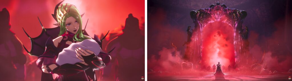 Fire Emblem Fortune's Weave character and boss battle scene with red magical effects