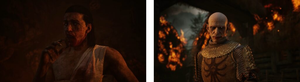 Two characters in fantasy armor depicted in dramatic firelit scenes from Blood of the Dawnwalker