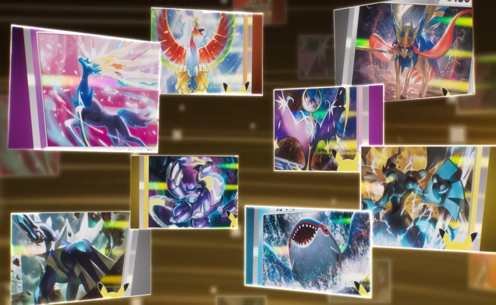 Collage of colorful Pokémon TCG card illustrations featuring legendary and powerful creatures