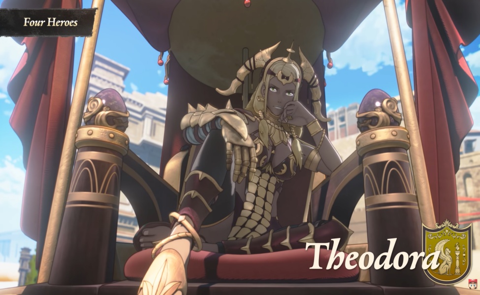 Theodora character portrait from Fire Emblem seated on throne