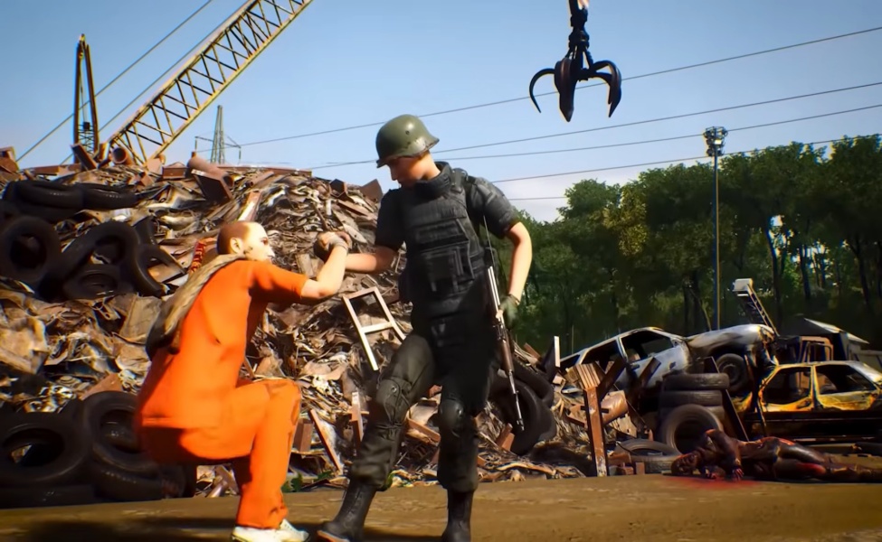 Worker in hard hat and orange jumpsuit at industrial scrap yard with crane grabbing metal debris