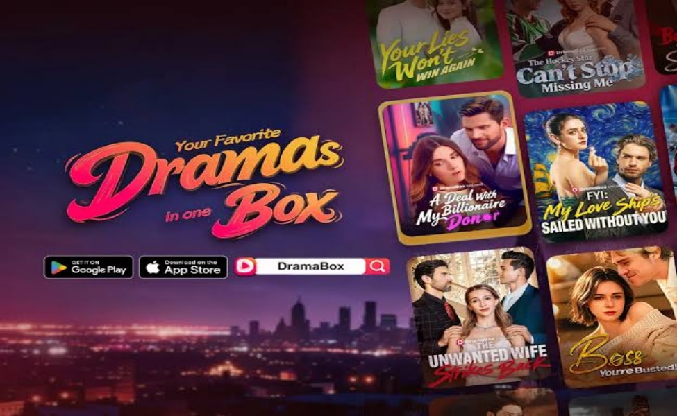 DramaBox app interface showing drama titles available on Google Play and App Store