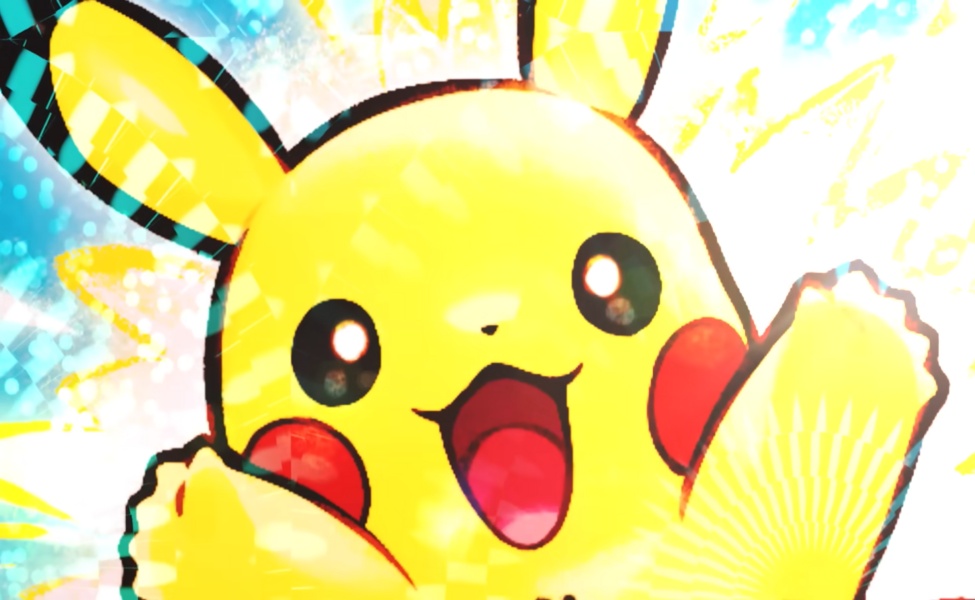 Pikachu with excited expression and raised arms in yellow and red colors