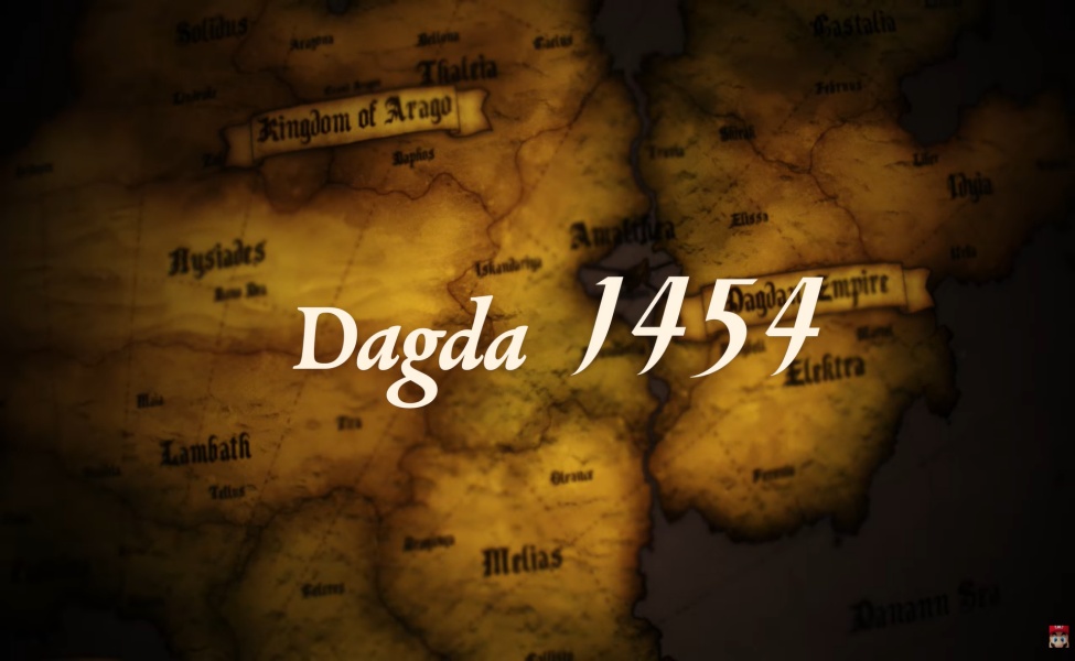 Aged fantasy map showing Dagda 1454 with labeled kingdoms and regions in sepia tones
