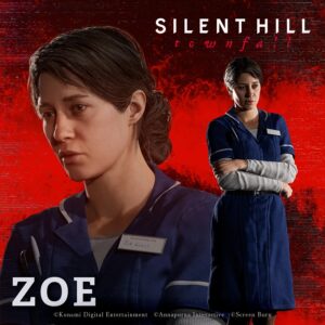 Zoe Ellis character from Silent Hill Townfall in nurse uniform against red background