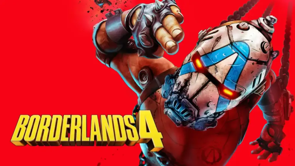 Borderlands 4 key art featuring armored character with weapons on red background