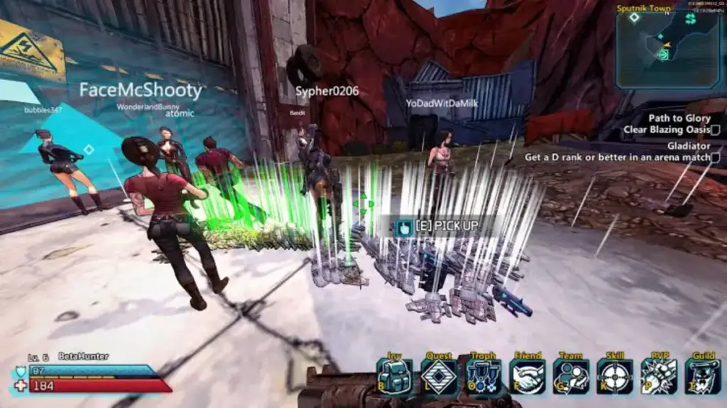 Players gather in Sputnik Town hub area in Borderlands Online MMO with UI elements visible