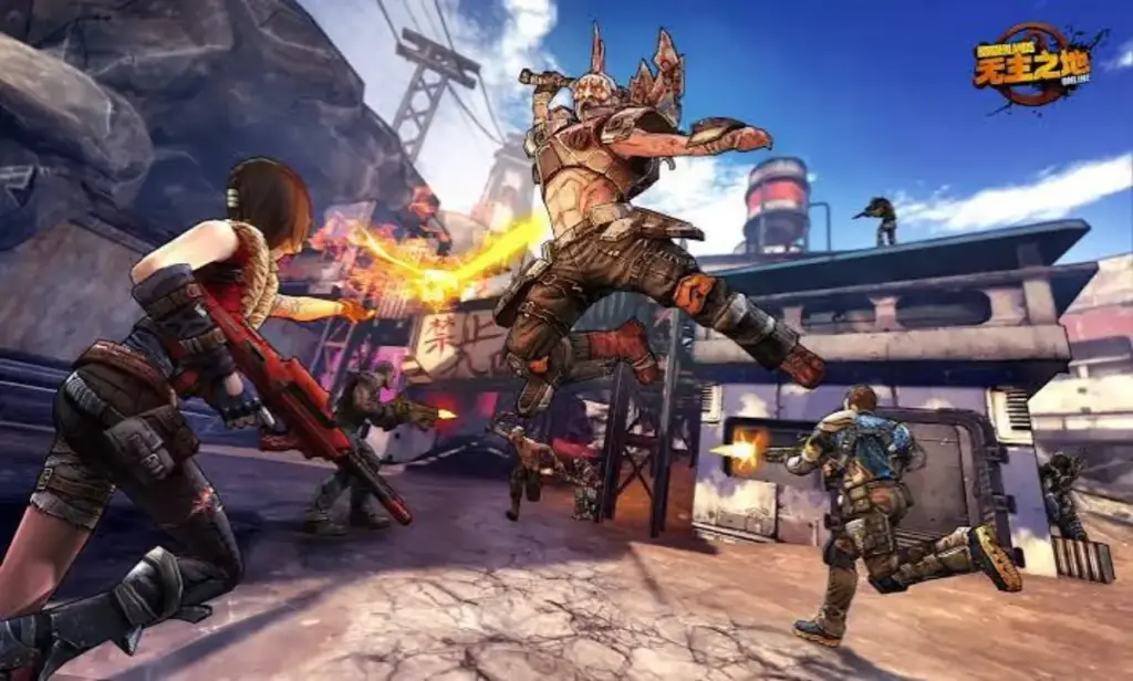 Borderlands Online gameplay screenshot showing players battling a large armored enemy in a desert
